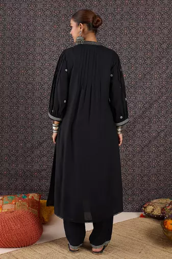 Black embroidered viscose rayon kurta trouser set