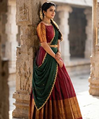 South Indian Style Semi-Stitched Half Saree with Blouse and Dupatta 3