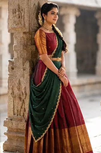 South Indian Style Semi-Stitched Half Saree with Blouse and Dupatta