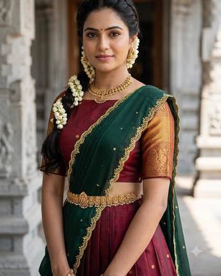 South Indian Style Semi-Stitched Half Saree with Blouse and Dupatta 4