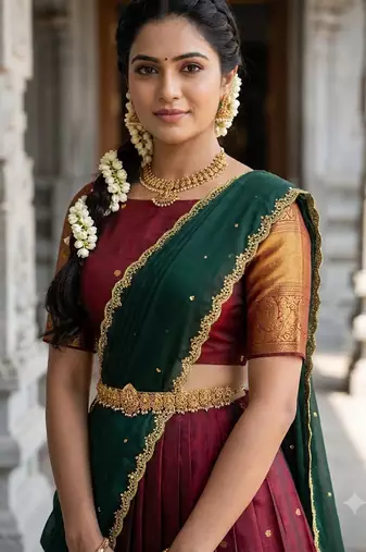 South Indian Style Semi-Stitched Half Saree with Blouse and Dupatta