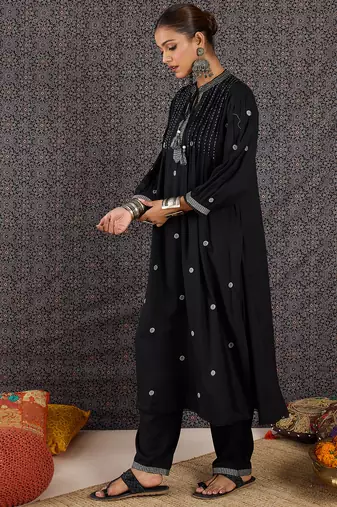 Black embroidered viscose rayon kurta trouser set