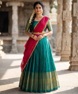 South Indian Style Semi-Stitched Half Saree with Blouse and Dupatta 1