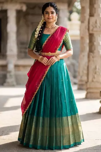 South Indian Style Semi-Stitched Half Saree with Blouse and Dupatta