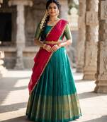 South Indian Style Semi-Stitched Half Saree with Blouse and Dupatta