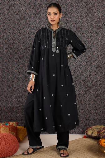 Black embroidered viscose rayon kurta trouser set