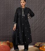 Black embroidered viscose rayon kurta trouser set