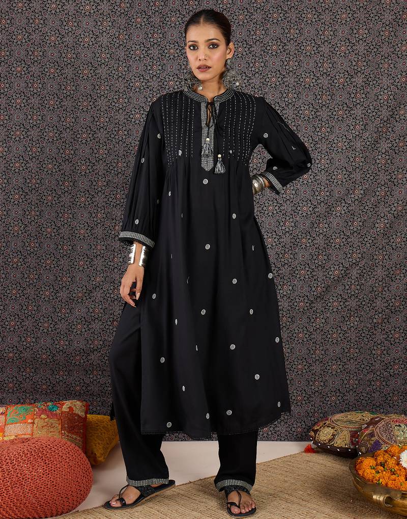 Black embroidered viscose rayon kurta trouser set