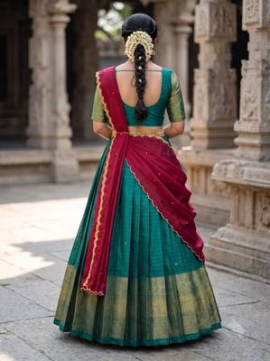 South Indian Style Semi-Stitched Half Saree with Blouse and Dupatta 2