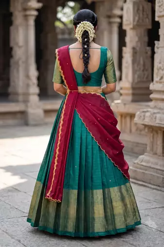 South Indian Style Semi-Stitched Half Saree with Blouse and Dupatta