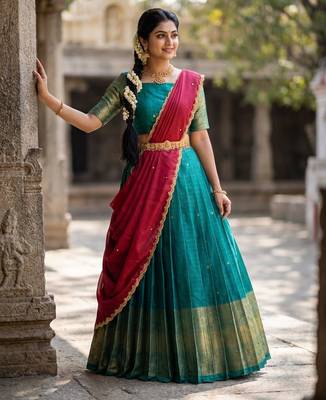 South Indian Style Semi-Stitched Half Saree with Blouse and Dupatta 3