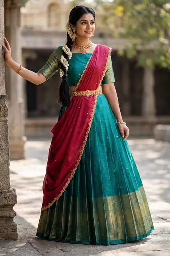 South Indian Style Semi-Stitched Half Saree with Blouse and Dupatta