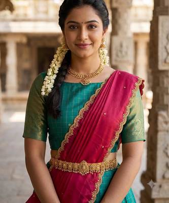 South Indian Style Semi-Stitched Half Saree with Blouse and Dupatta 4