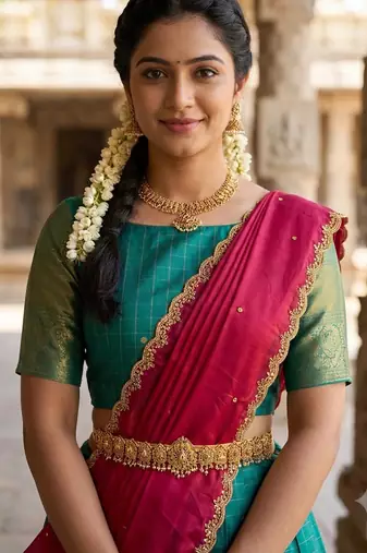 South Indian Style Semi-Stitched Half Saree with Blouse and Dupatta