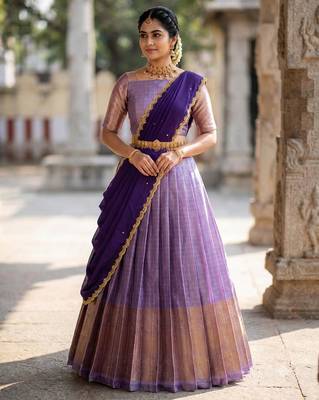 South Indian Style Semi-Stitched Half Saree with Blouse and Dupatta 1