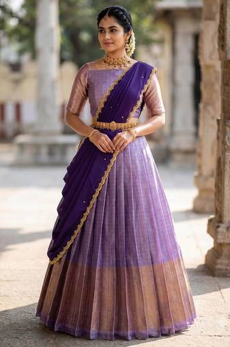 South Indian Style Semi-Stitched Half Saree with Blouse and Dupatta