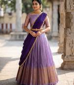 South Indian Style Semi-Stitched Half Saree with Blouse and Dupatta
