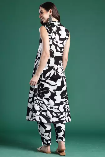 Black printed cotton kurta trouser set