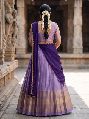 South Indian Style Semi-Stitched Half Saree with Blouse and Dupatta 2