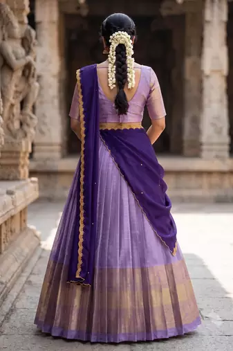South Indian Style Semi-Stitched Half Saree with Blouse and Dupatta