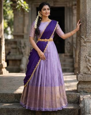 South Indian Style Semi-Stitched Half Saree with Blouse and Dupatta 3