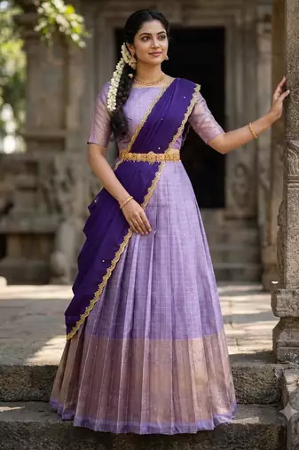 South Indian Style Semi-Stitched Half Saree with Blouse and Dupatta