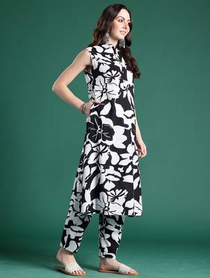 Black printed cotton kurta trouser set 3