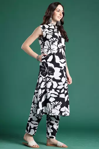 Black printed cotton kurta trouser set