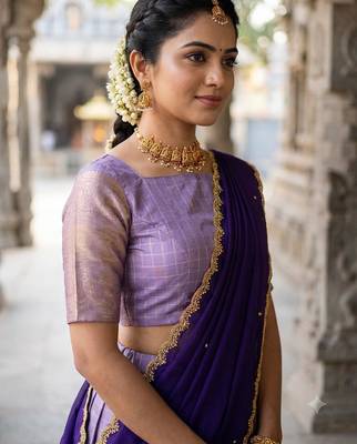 South Indian Style Semi-Stitched Half Saree with Blouse and Dupatta 4
