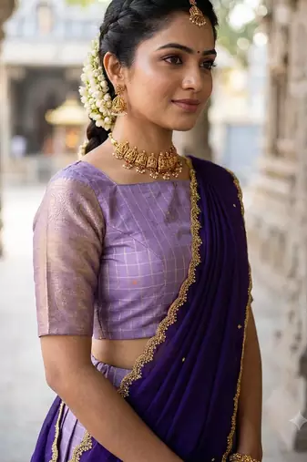 South Indian Style Semi-Stitched Half Saree with Blouse and Dupatta