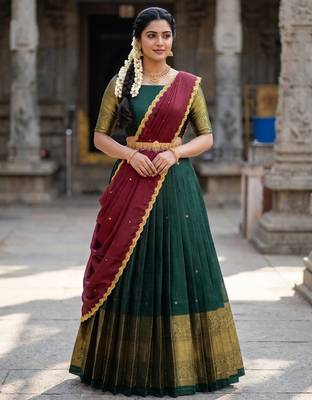 South Indian Style Semi-Stitched Half Saree with Blouse and Dupatta 1