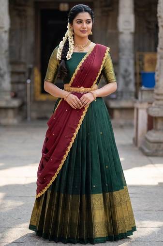 South Indian Style Semi-Stitched Half Saree with Blouse and Dupatta