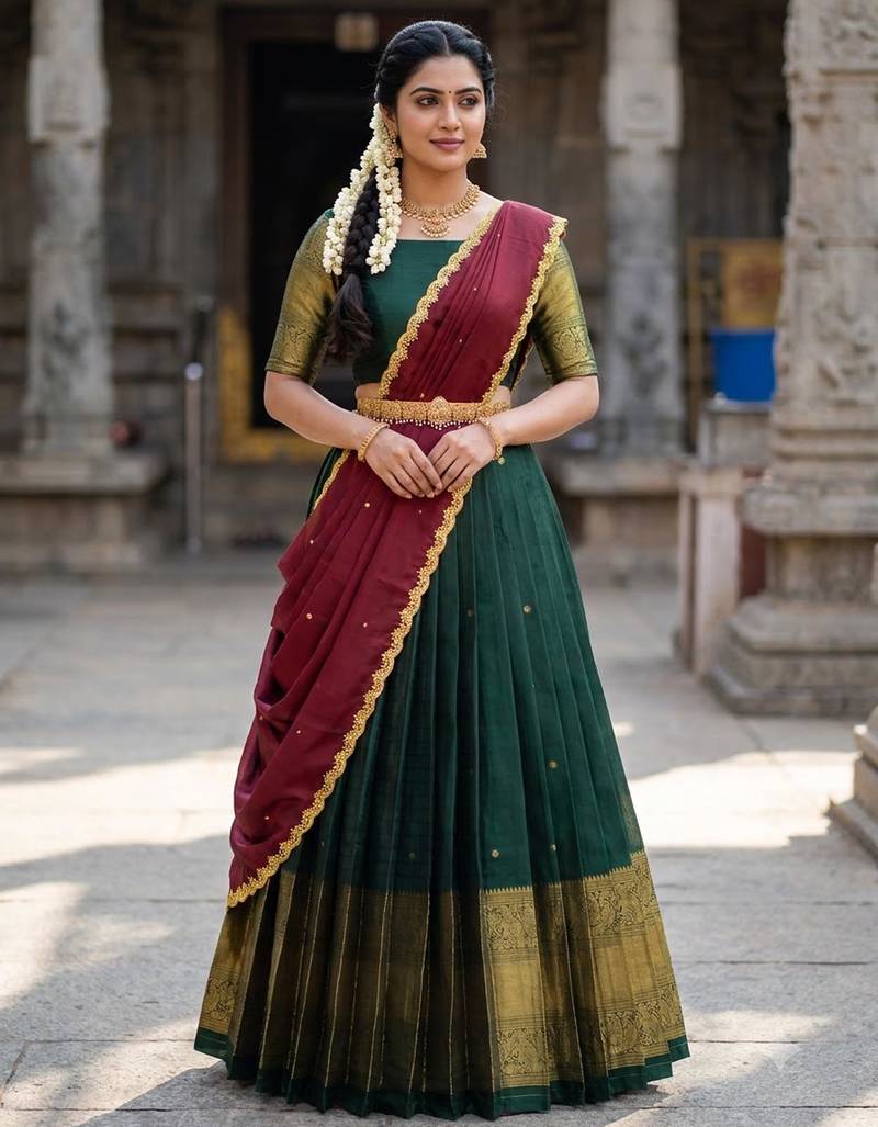 South Indian Style Semi-Stitched Half Saree with Blouse and Dupatta