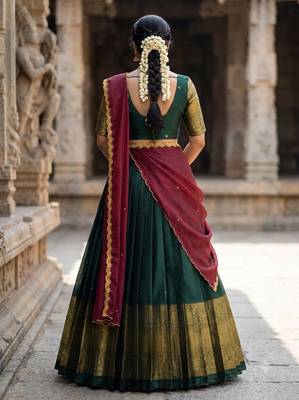 South Indian Style Semi-Stitched Half Saree with Blouse and Dupatta 2