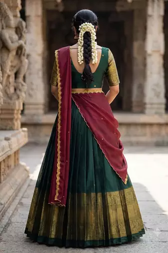 South Indian Style Semi-Stitched Half Saree with Blouse and Dupatta