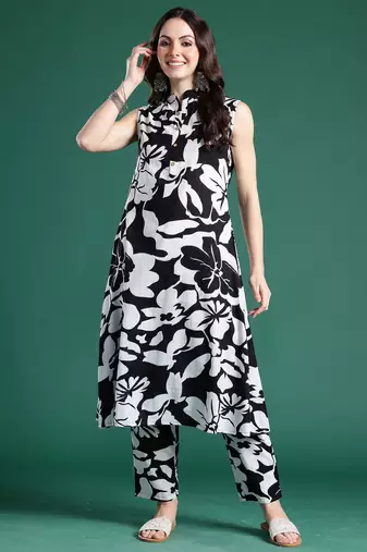 Black printed cotton kurta trouser set