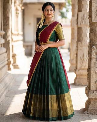 South Indian Style Semi-Stitched Half Saree with Blouse and Dupatta 3