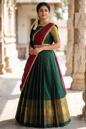 South Indian Style Semi-Stitched Half Saree with Blouse and Dupatta
