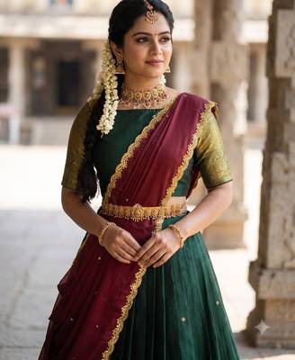 South Indian Style Semi-Stitched Half Saree with Blouse and Dupatta 4