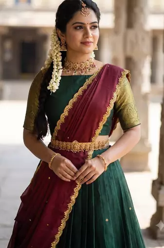 South Indian Style Semi-Stitched Half Saree with Blouse and Dupatta