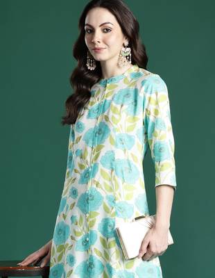 Off white printed viscose rayon kurta trouser set 1