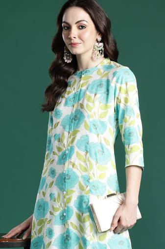 Off white printed viscose rayon kurta trouser set