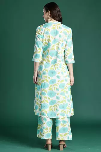 Off white printed viscose rayon kurta trouser set