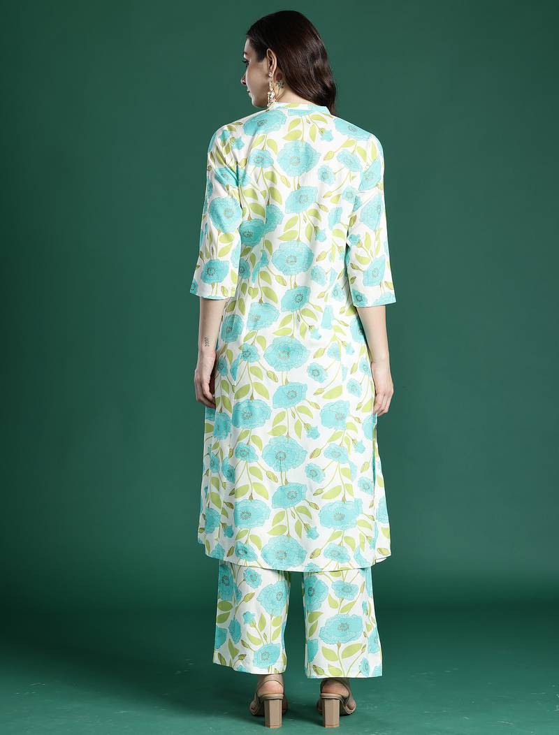 Off white printed viscose rayon kurta trouser set