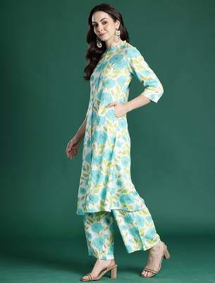Off white printed viscose rayon kurta trouser set 3
