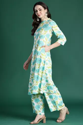 Off white printed viscose rayon kurta trouser set