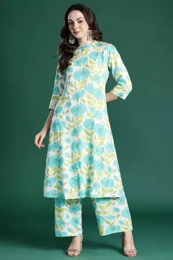 Off white printed viscose rayon kurta trouser set