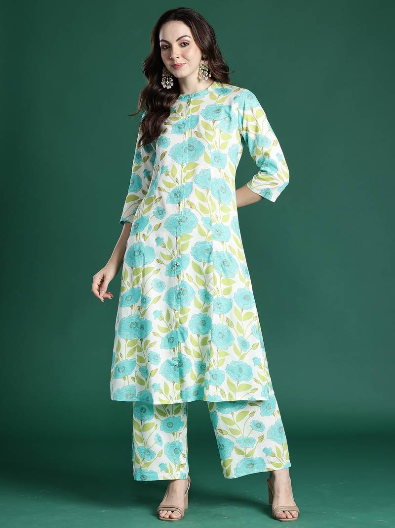 Off white printed viscose rayon kurta trouser set