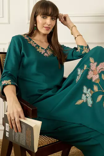 Teal embroidered silk kurta trouser set
