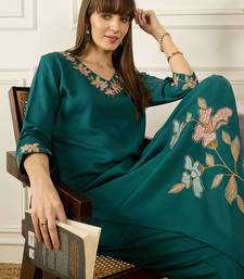 Teal embroidered silk kurta trouser set